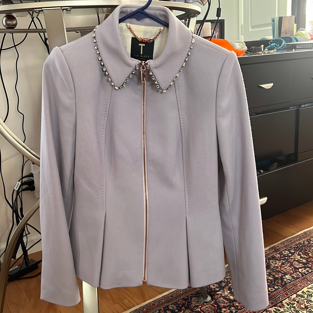 Ted Baker lavender peplum blazer with sequin neck.